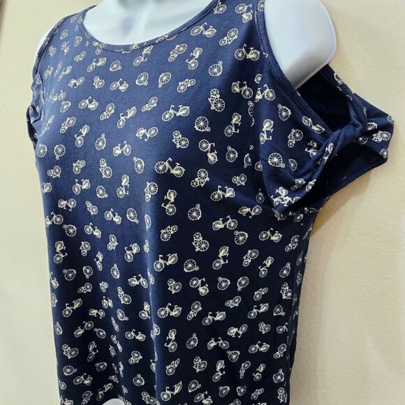 W5 ✦ Womens Navy Cold Shoulder Top S ✦ Rayon Bicycle Print Casual Pullover - Picture 8 of 11